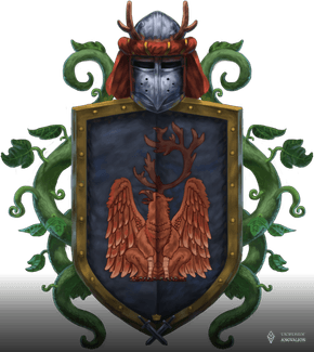 Herb Egaras przedstawiający brązowego gryfa na szaro-granatowym tle