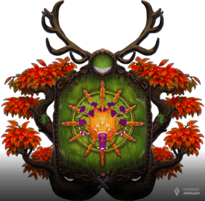 Herb Księstwa Leśnych Elfów w Araulenie, który przedstawia słońce, krzerwy winogron, łuk oraz kołczan na zielonym tle. Płomienne liście wokół herbu są symbolem pochodzenia elfów z rodowodu Isil'ames