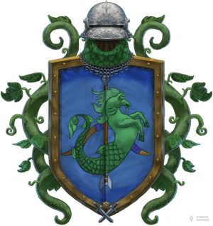 Herb Księstwa Kirlańskiego, którzy przedstawia dumnego, zielonego pławikonika, a za nim naciągnięty łuk. Herb ma niebieskie tło.