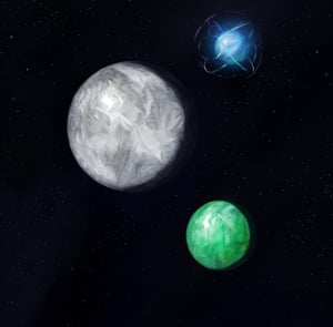 Obrazek przedstawia Trzy Księżyce Angvalionu - biały Lindter-Morgen, zielony Ash’ëi i niebieski Zümer-Zemlin