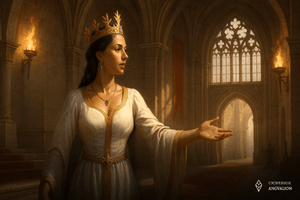 Na obrazku znajduje się księżna Lynnford w sali tronowej Króla Edgara w Starym Armekcie