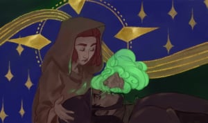 Obrazek przedstawia uzdrowicielkę leczącą rany z pomocą magii