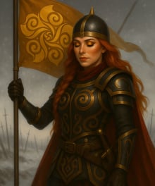 Obrazek przedstawia Mildred var Flagelan w trakcie Wojny Dwóch Róż